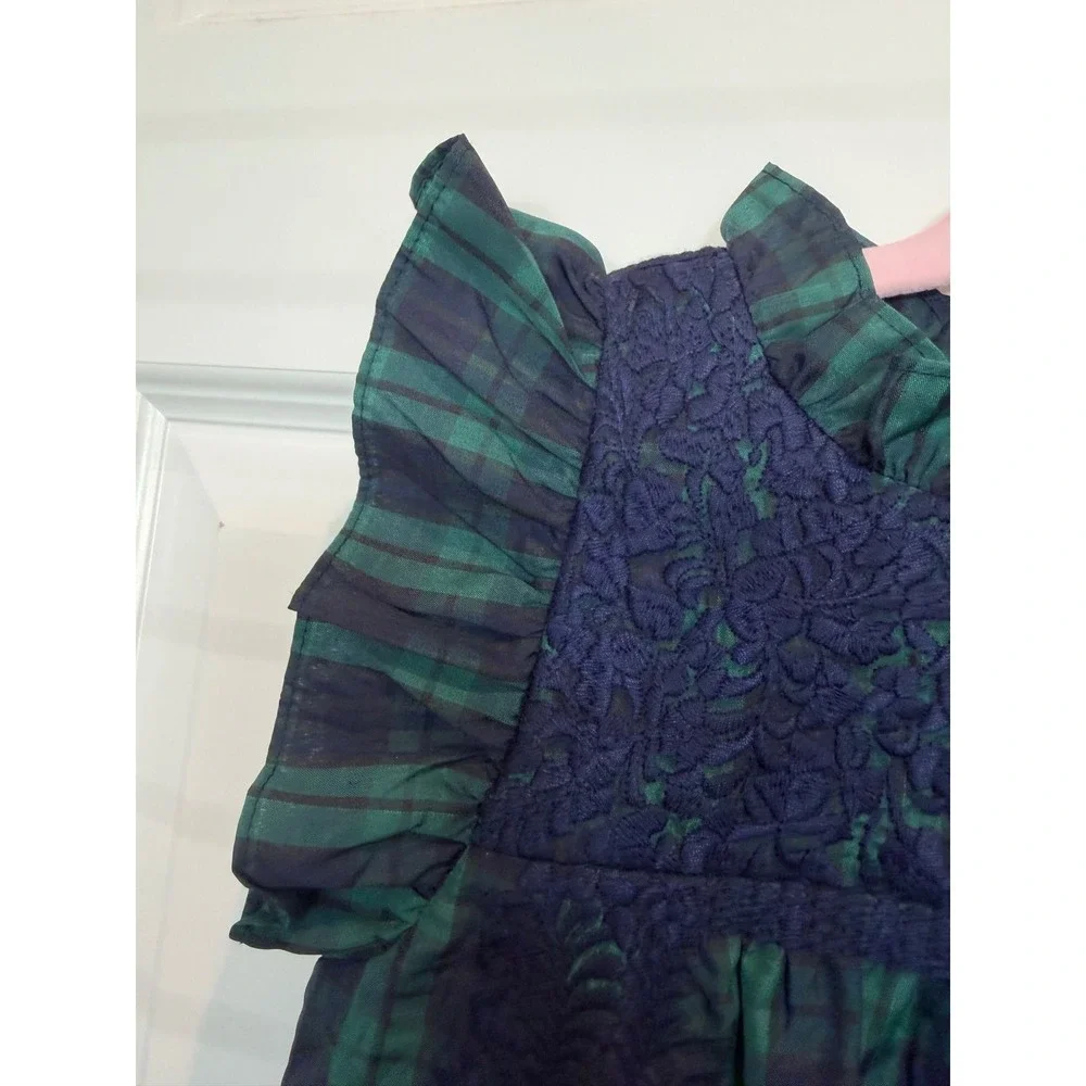 10.J. Marie Kids Green Navy Blue Plaid Lace Ruffle Dress JC1075 Size 5T